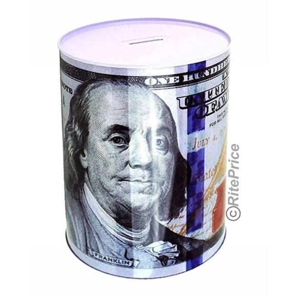Ben Franklin One Hundred Dollar Bill Tin Piggy Banks 6" Tall Coin Saver(2 Pack) - Picture 2 of 9